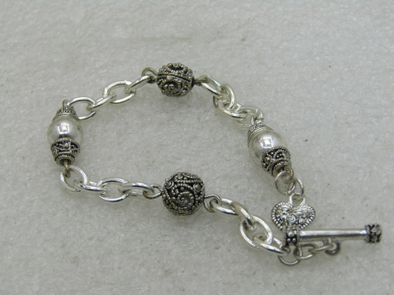 Silver Beaded Bracelet Rhinestone Heart Charm at Toggle Clasp, 7" - 4