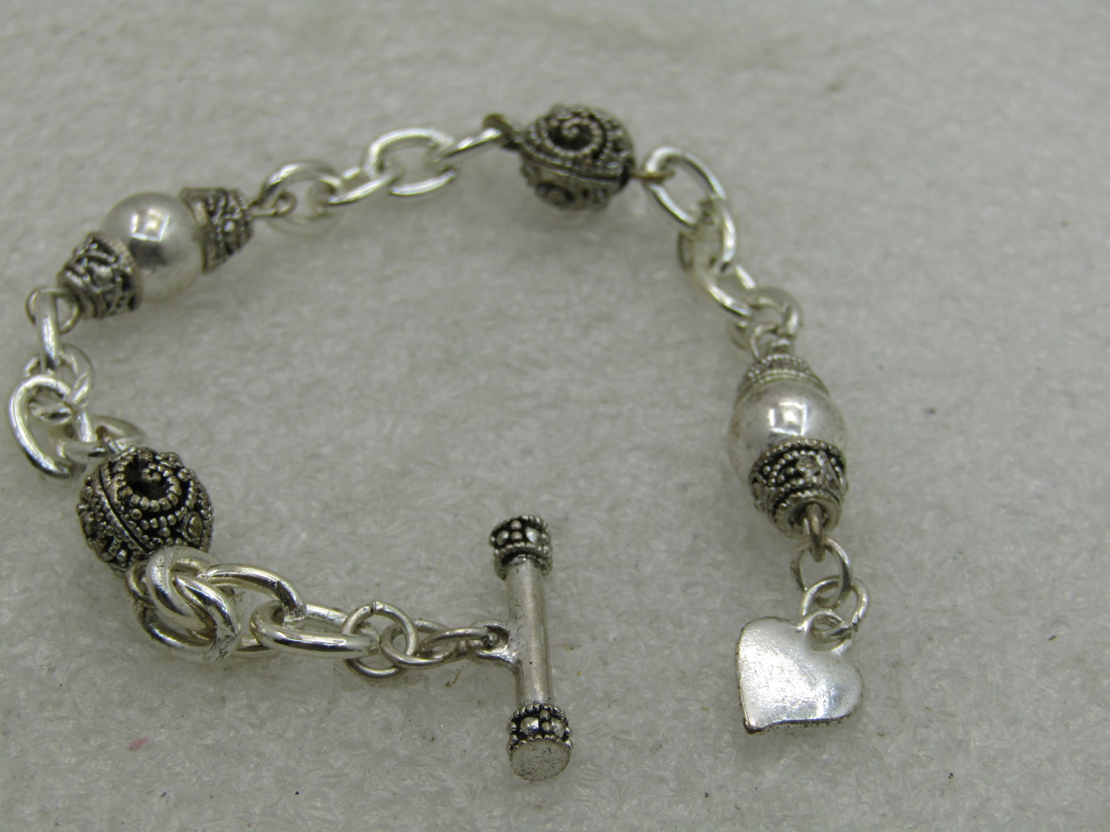 Silver Beaded Bracelet Rhinestone Heart Charm at Toggle Clasp, 7" - 5