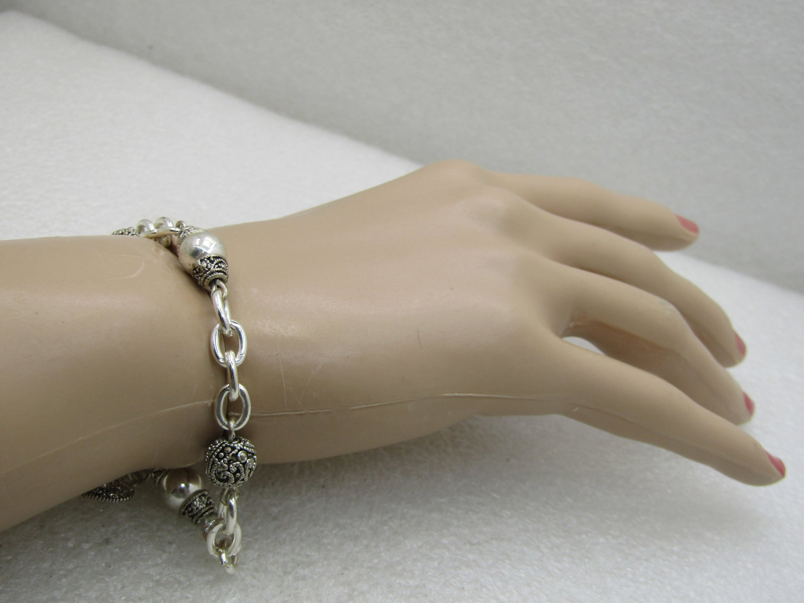 Silver Beaded Bracelet Rhinestone Heart Charm at Toggle Clasp, 7" - 6