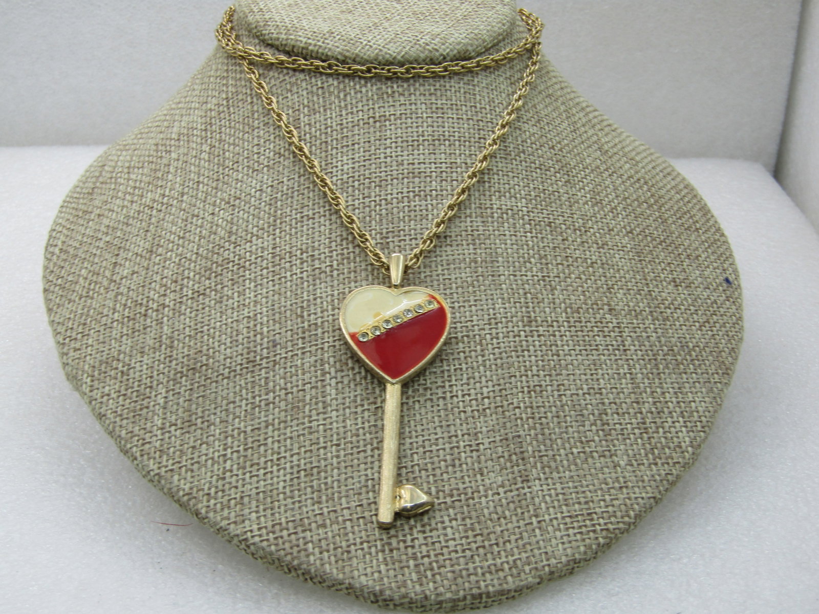 Vintage Rhinestone Enameled Heart Key Necklace, 24" - 2