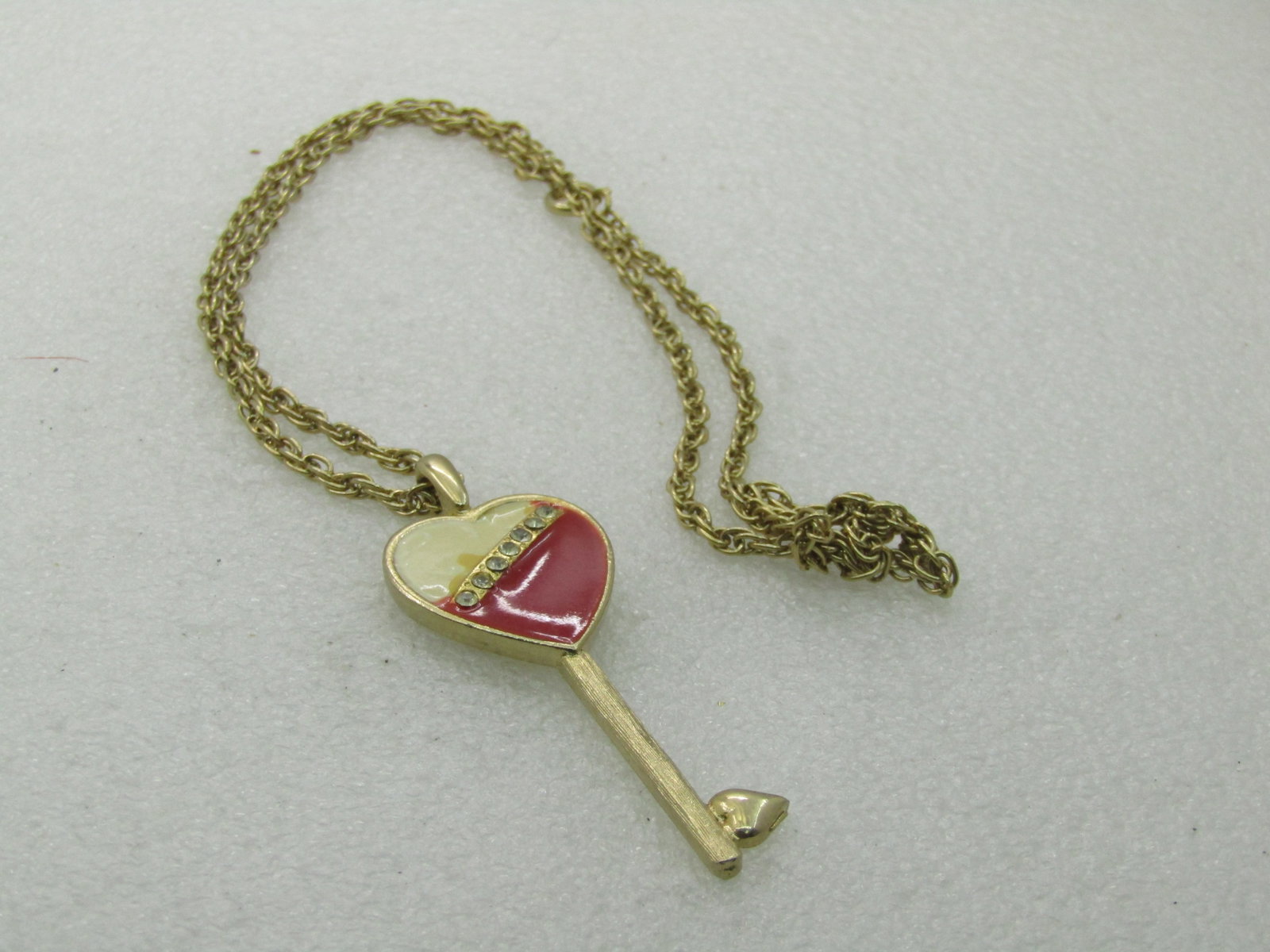 Vintage Rhinestone Enameled Heart Key Necklace, 24" - 4