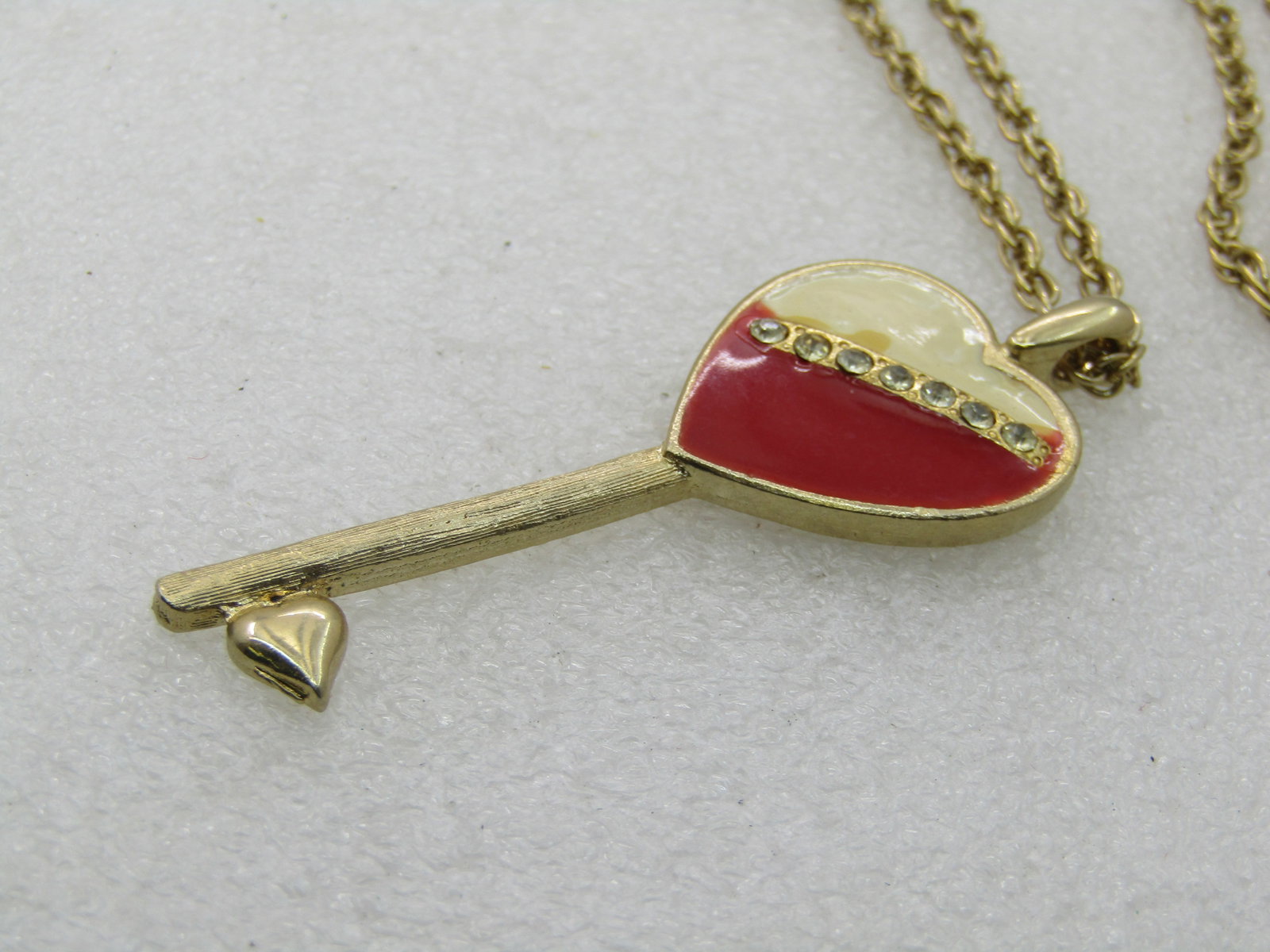 Vintage Rhinestone Enameled Heart Key Necklace, 24" - 5