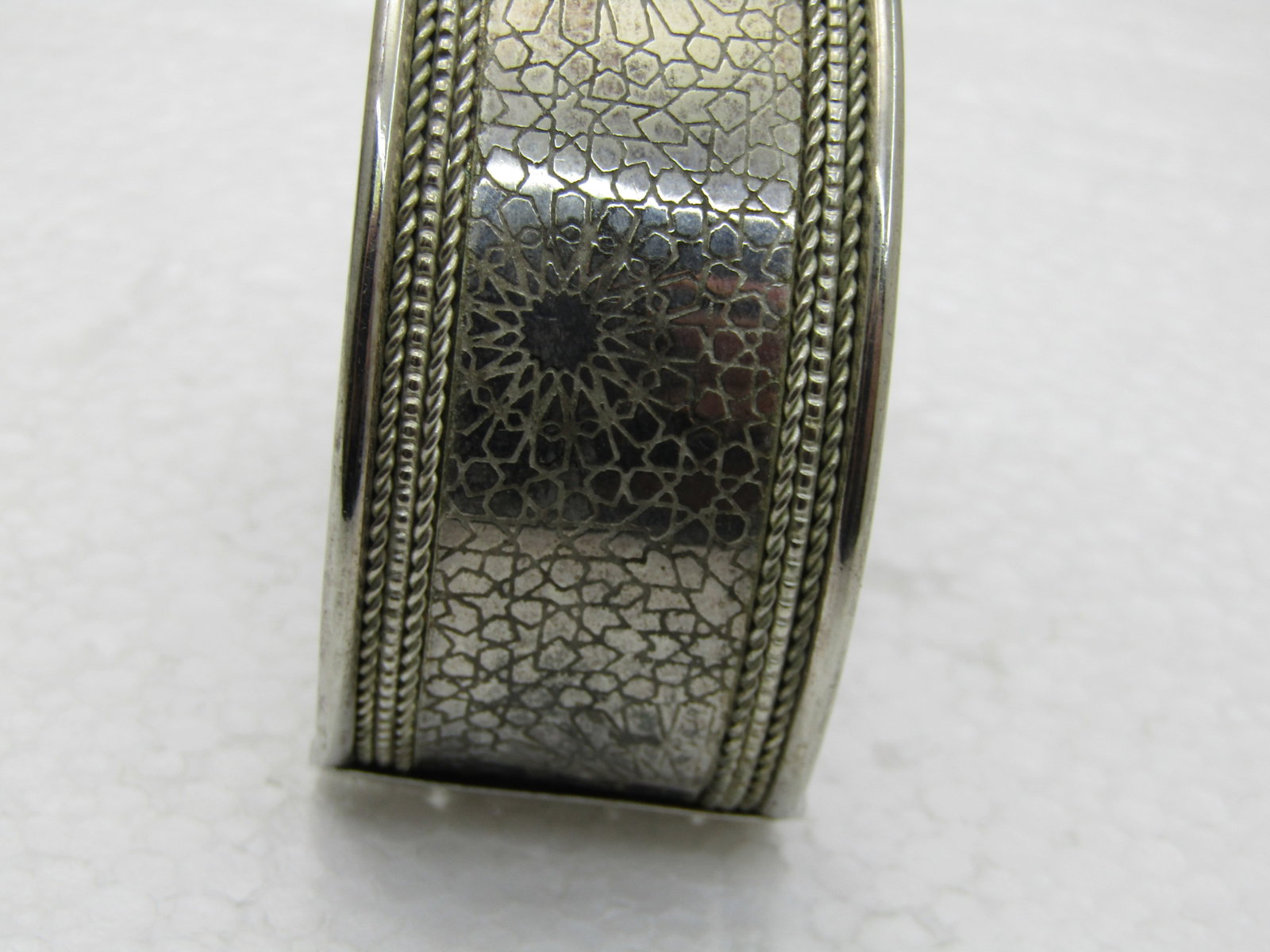 Vintage 1-1/8" Wide Cuff Bracelet, 7.5", Stamped Design, Rope Accent, Silver Tone - 5