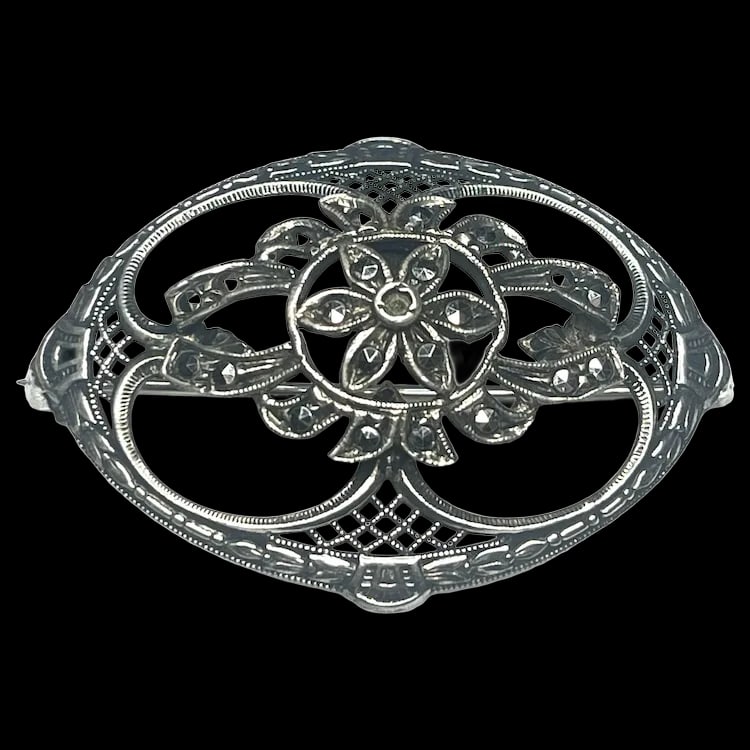 Vintage Sterling Silver Marcasite Floral Filigree Brooch (1 of 5)