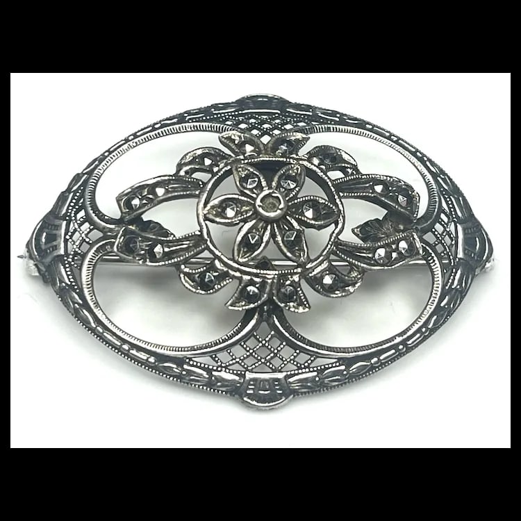 Vintage Sterling Silver Marcasite Floral Filigree Brooch - 2