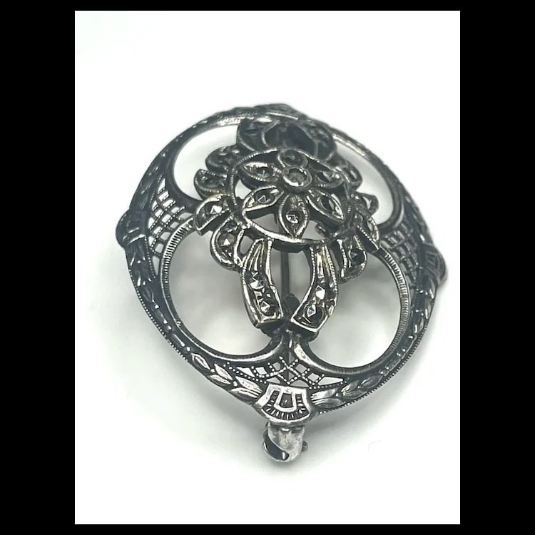 Vintage Sterling Silver Marcasite Floral Filigree Brooch - 3