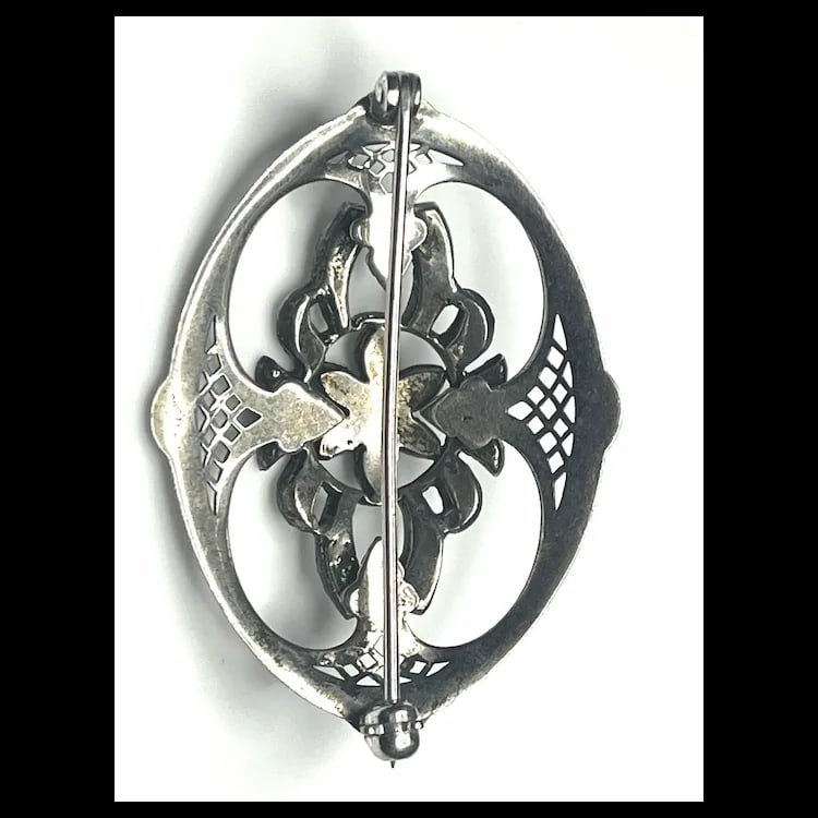 Vintage Sterling Silver Marcasite Floral Filigree Brooch - 4