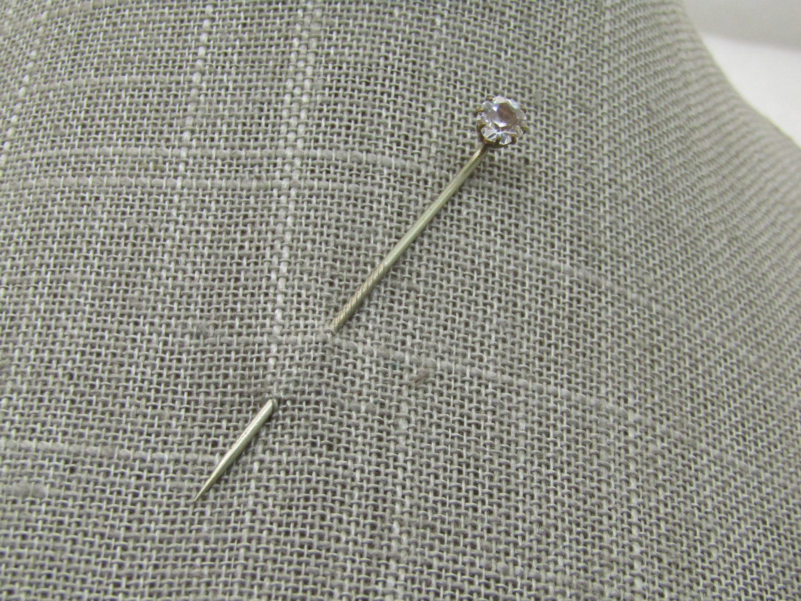 Vintage Gold Plated Paste Stick Pin, 1920's-1930's, 2", Unisex.: Vintage Gold Plated Paste Stick Pin, Unisex 1920's-1930's, 2". It has a clear Old Cut glass stone that is appx. 5mm round. There is a twisted design in the pin mid-way down which helps it remain in pl