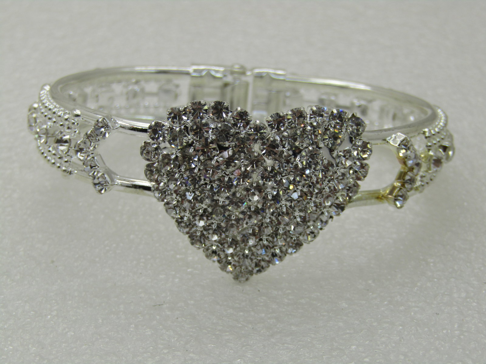 Rhinestone Heart Clamper Bracelet, 6.75", Silver Tone, Pave-Set - 2