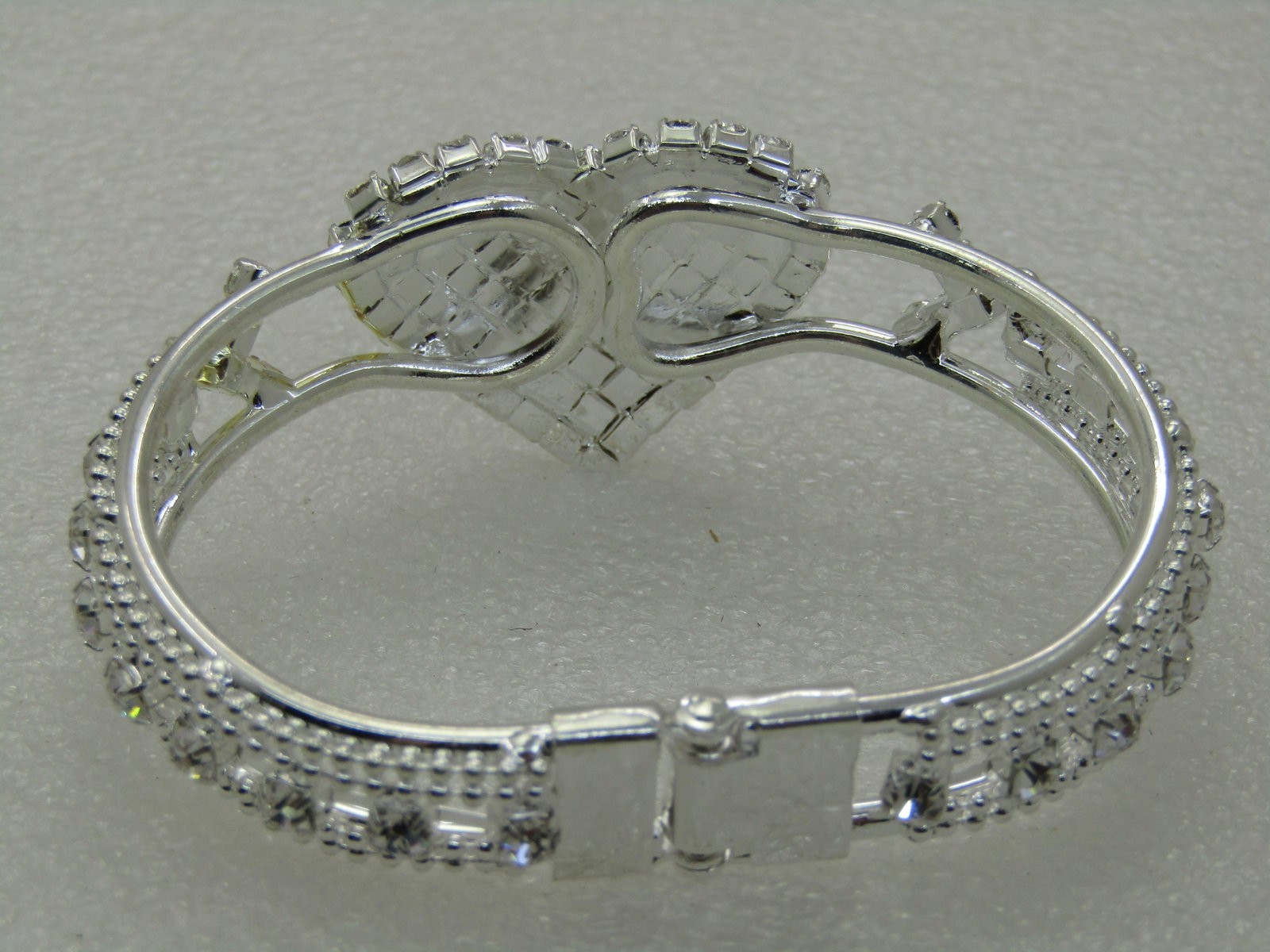 Rhinestone Heart Clamper Bracelet, 6.75", Silver Tone, Pave-Set - 3