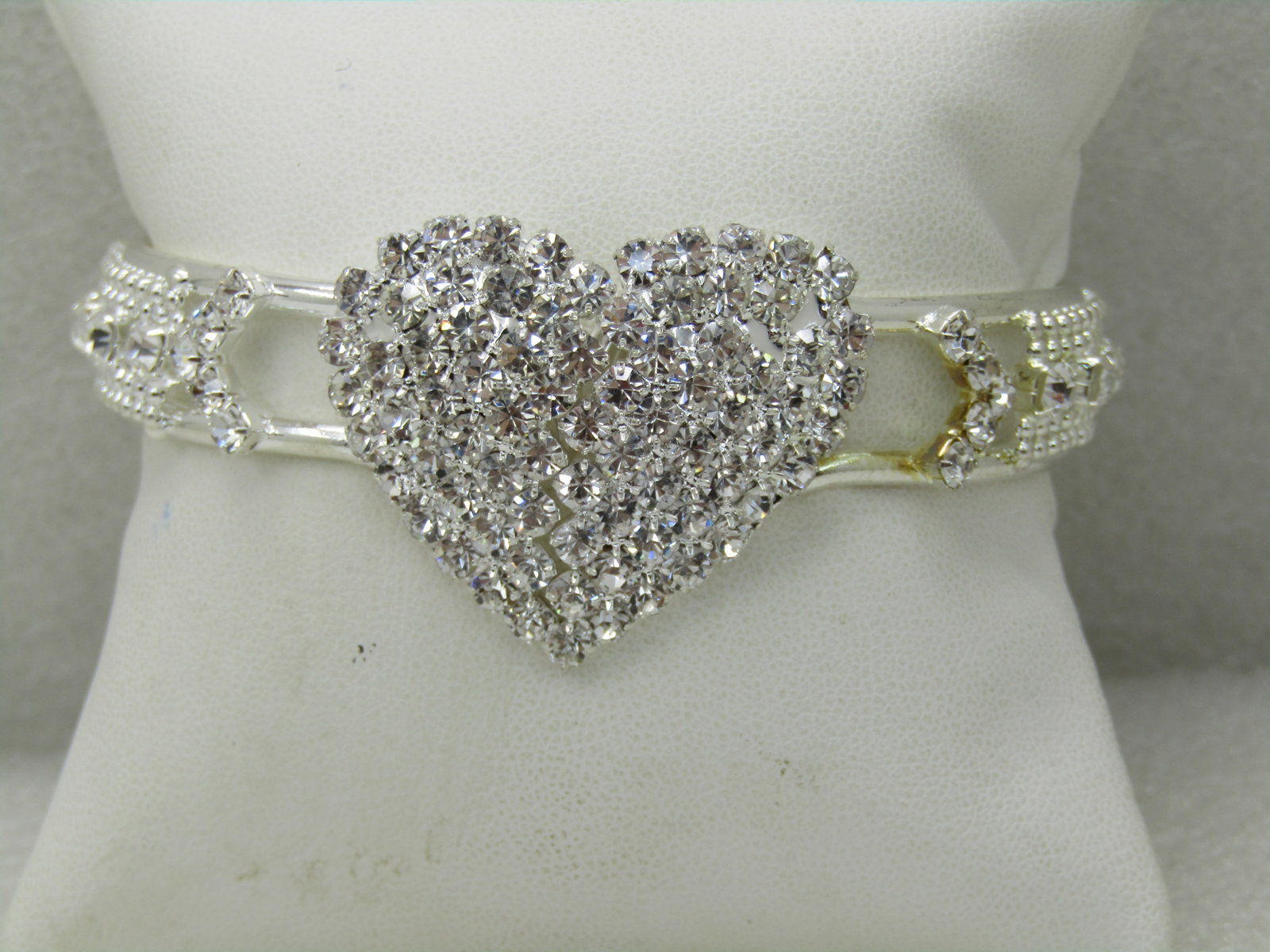 Rhinestone Heart Clamper Bracelet, 6.75", Silver Tone, Pave-Set - 4