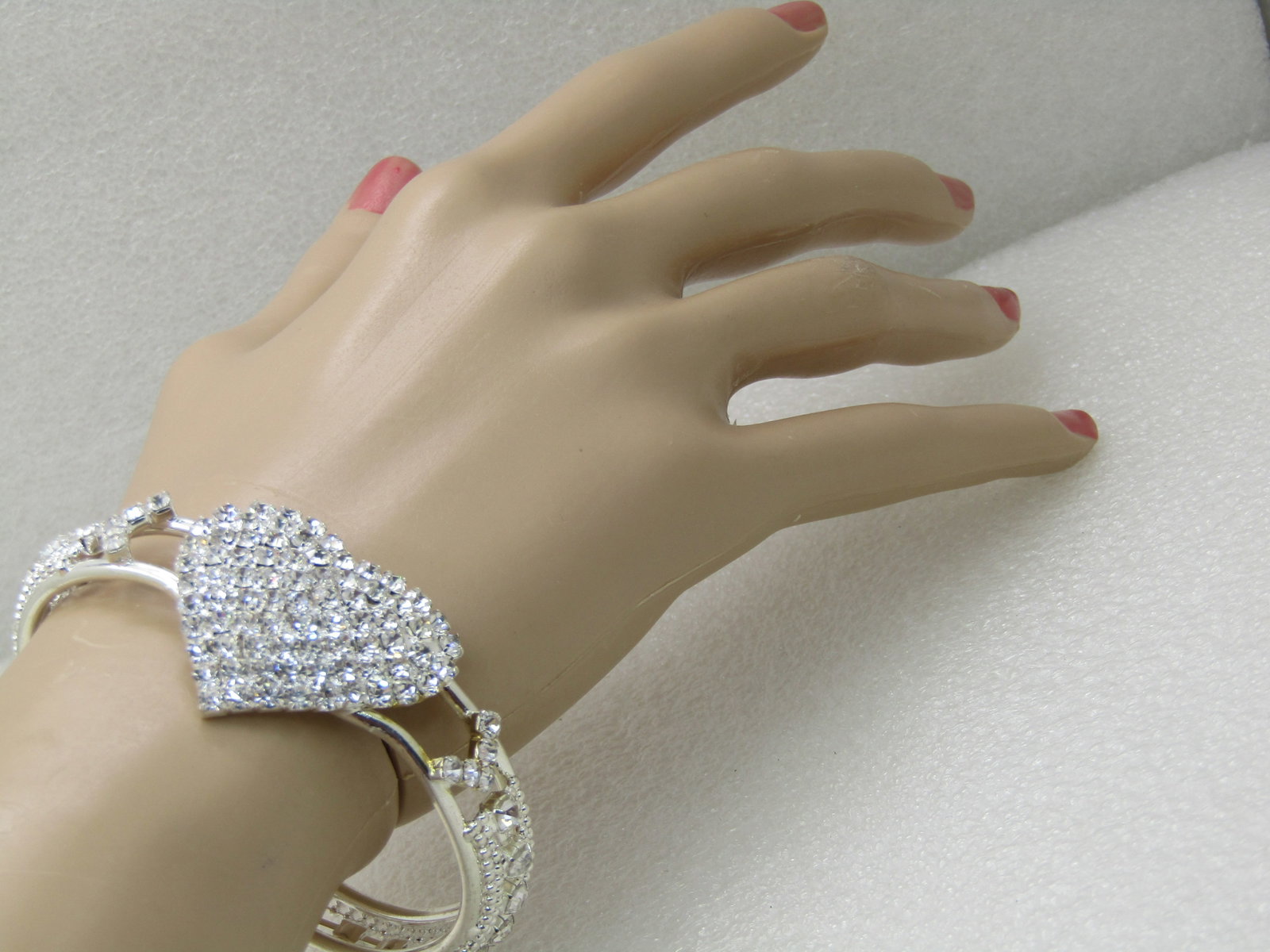 Rhinestone Heart Clamper Bracelet, 6.75", Silver Tone, Pave-Set - 5
