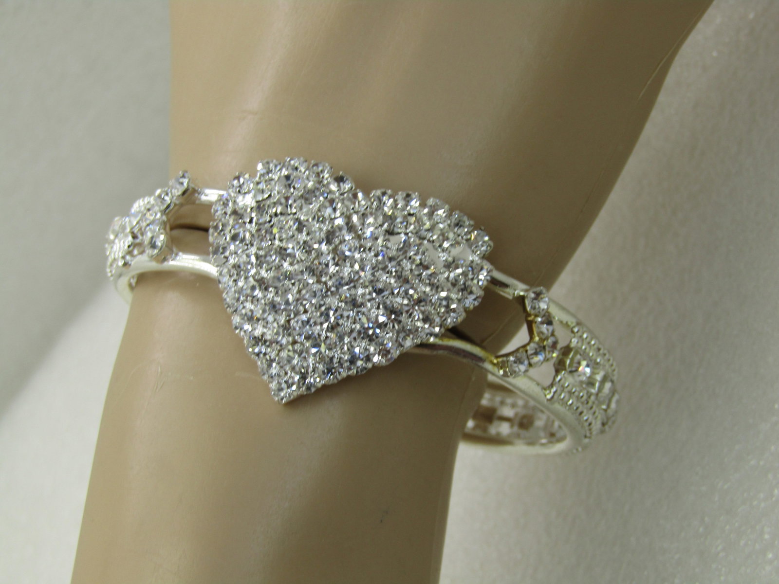 Rhinestone Heart Clamper Bracelet, 6.75", Silver Tone, Pave-Set - 6