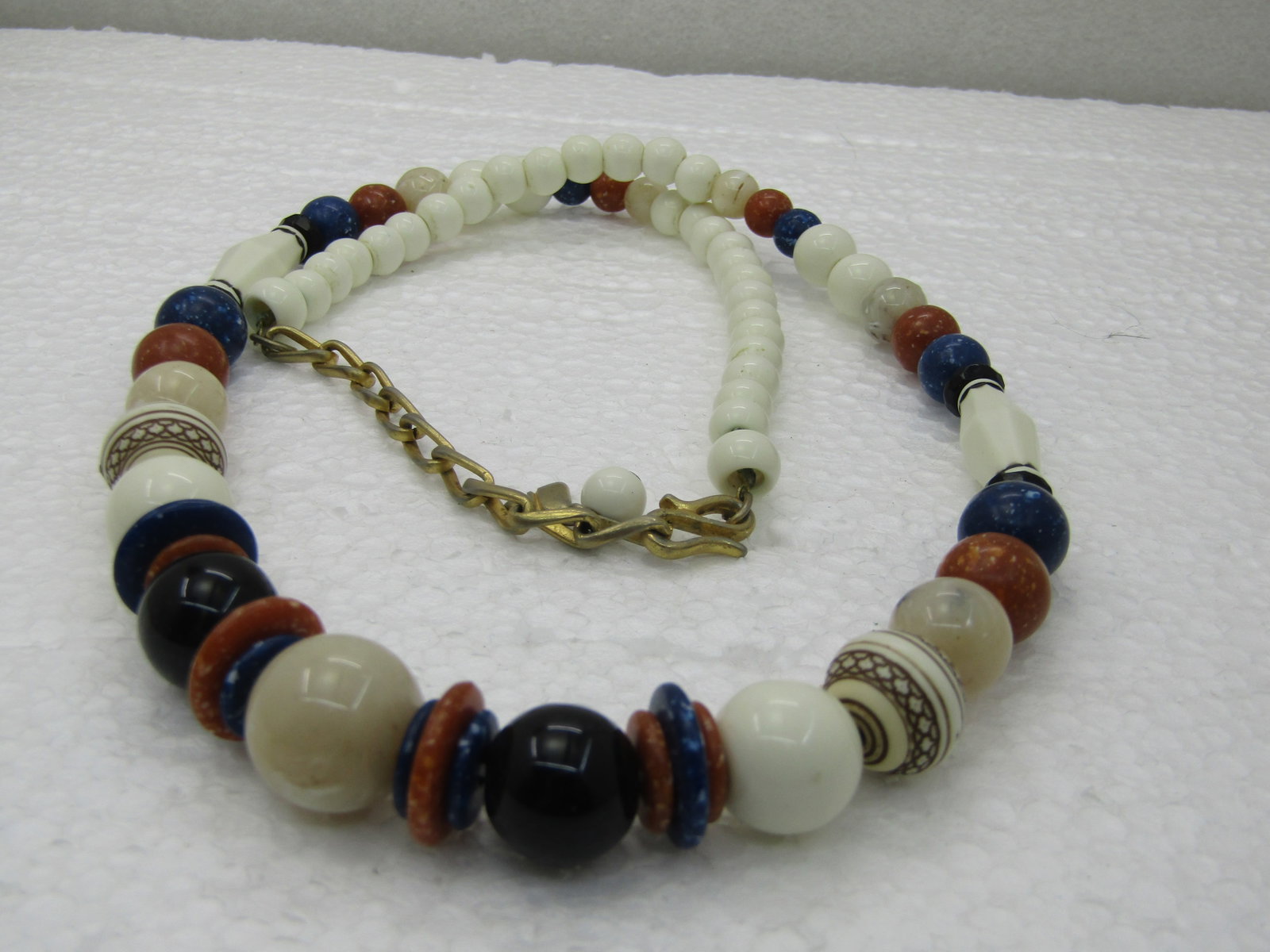 Vintage Liz Claiborne Beaded Necklace, Brown, White, Tan, 24", 1980's - 2