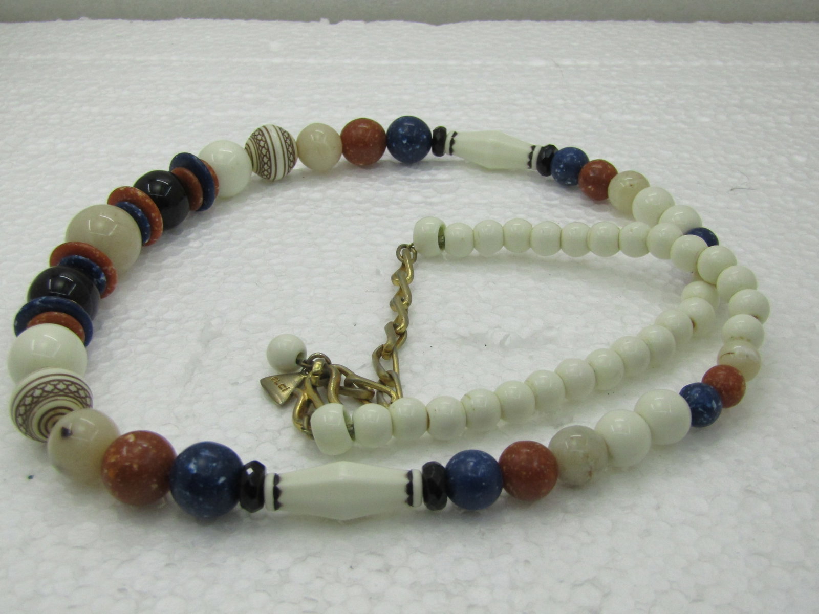 Vintage Liz Claiborne Beaded Necklace, Brown, White, Tan, 24", 1980's - 5