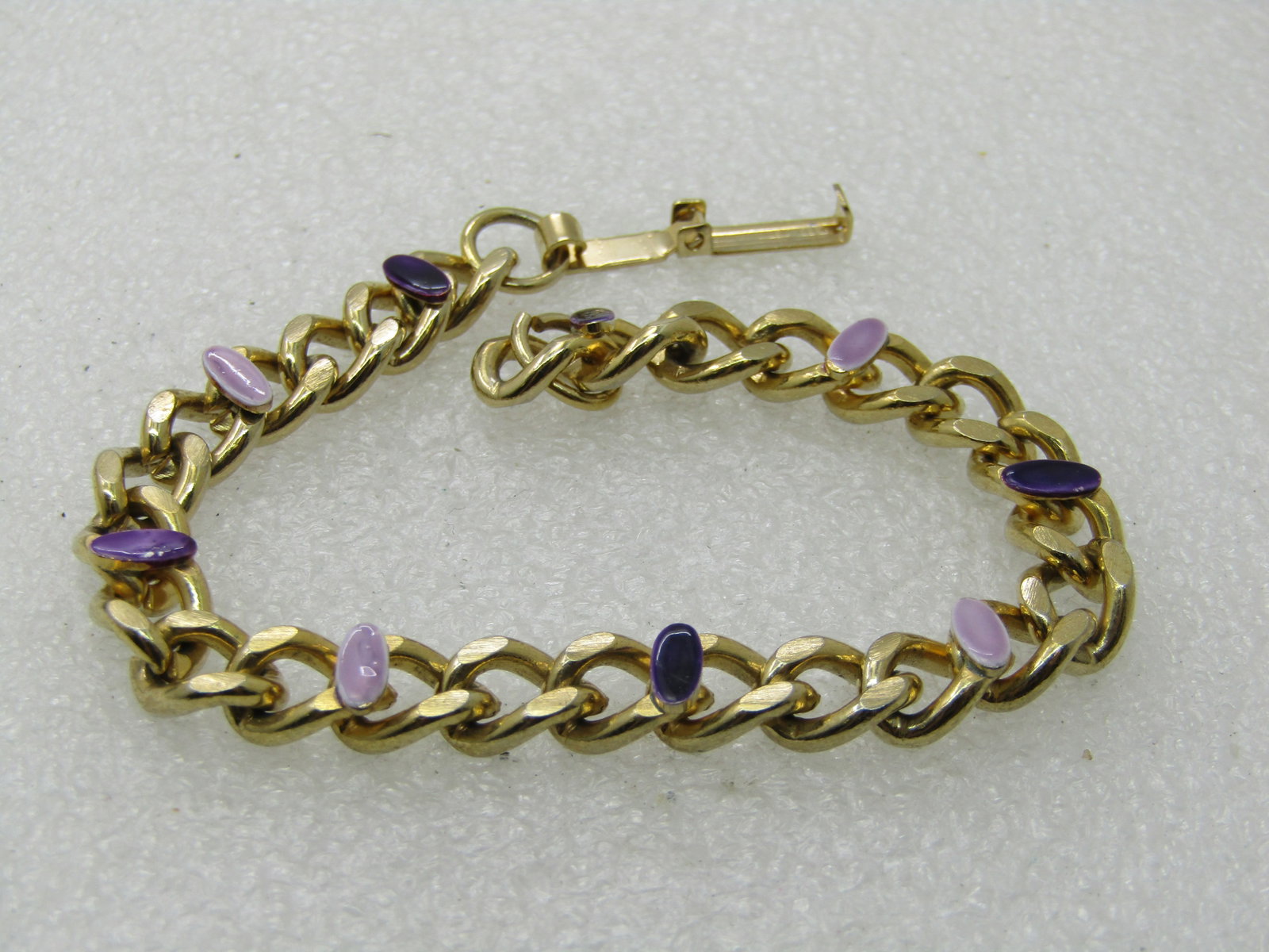 Vintage Curb Link Bracelet Purple/Lavender Enameled Accents, 7.25", 6.5mm - 2