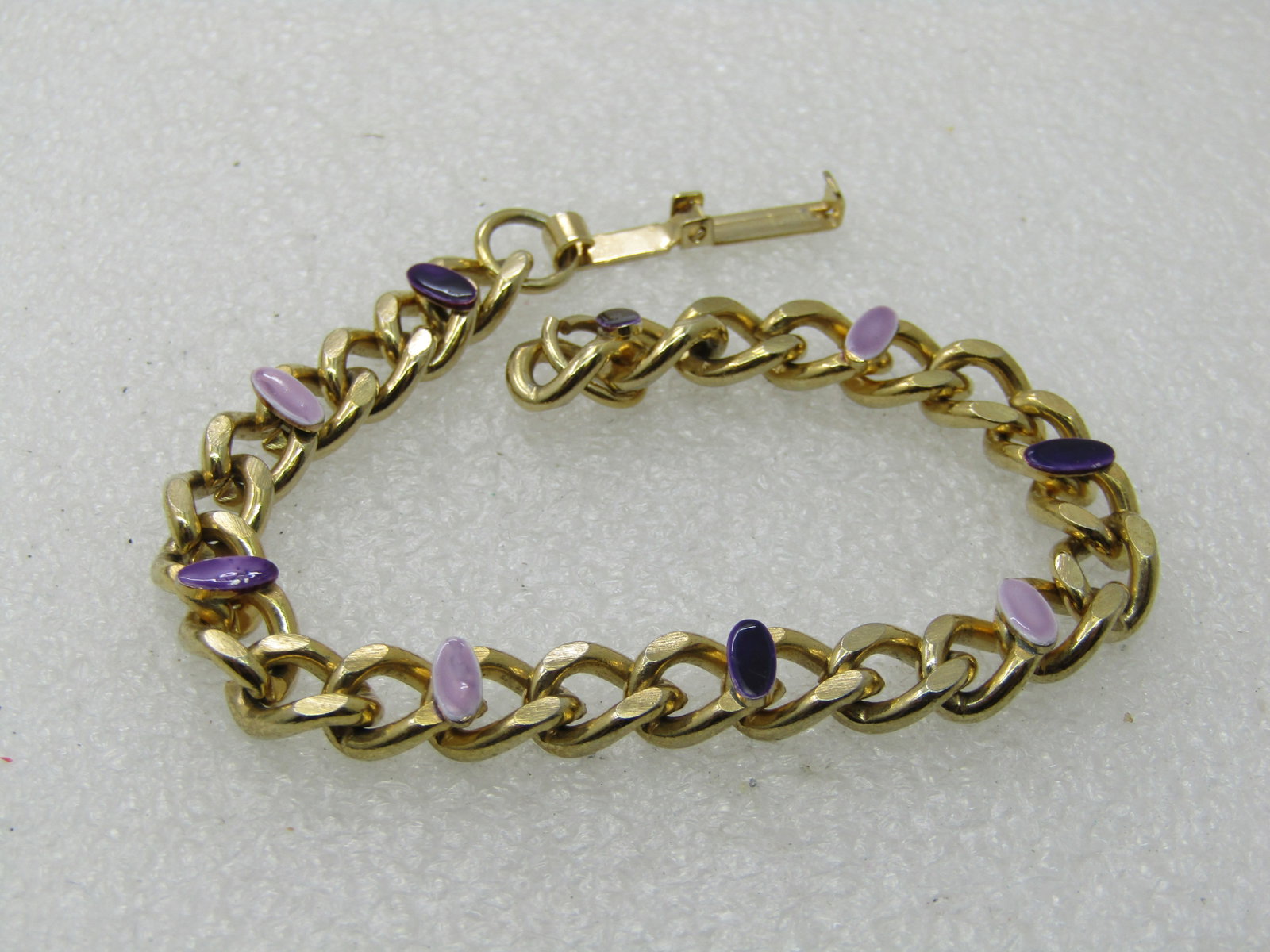Vintage Curb Link Bracelet Purple/Lavender Enameled Accents, 7.25", 6.5mm - 3