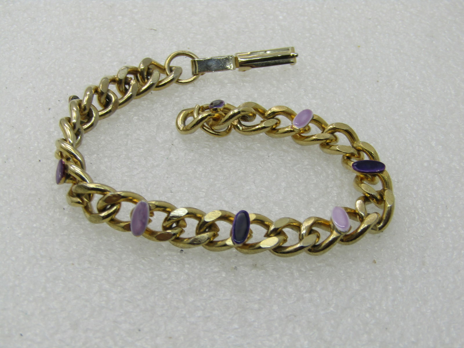 Vintage Curb Link Bracelet Purple/Lavender Enameled Accents, 7.25", 6.5mm - 4
