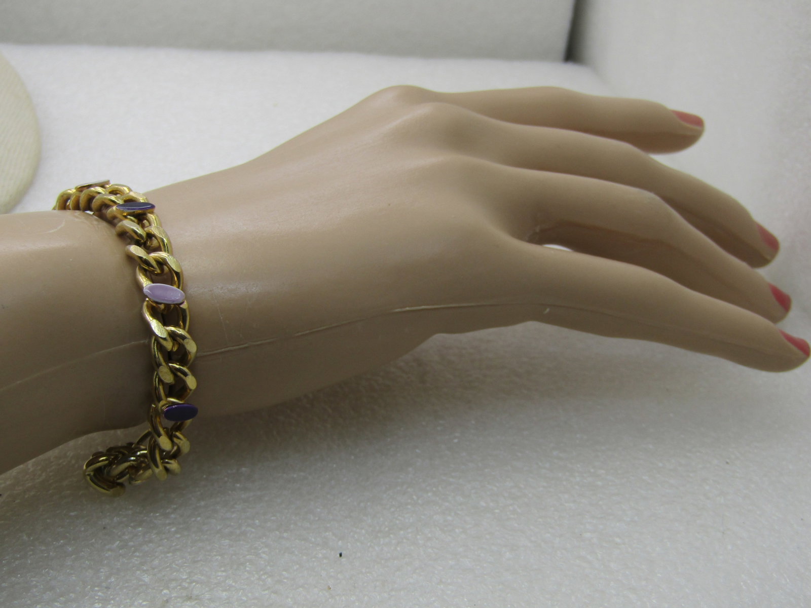 Vintage Curb Link Bracelet Purple/Lavender Enameled Accents, 7.25", 6.5mm - 6
