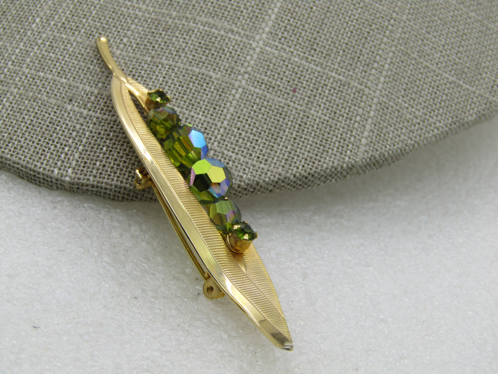 Vintage Aurora Borealis Beaded Leaf Brooch, 3.25" - 2