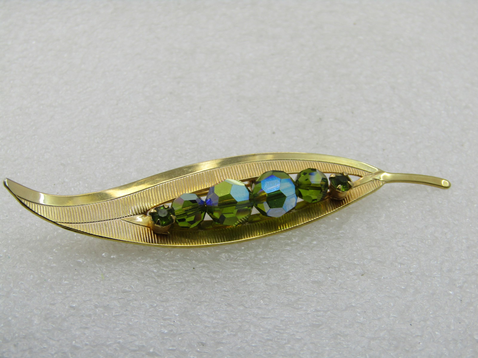 Vintage Aurora Borealis Beaded Leaf Brooch, 3.25" - 3