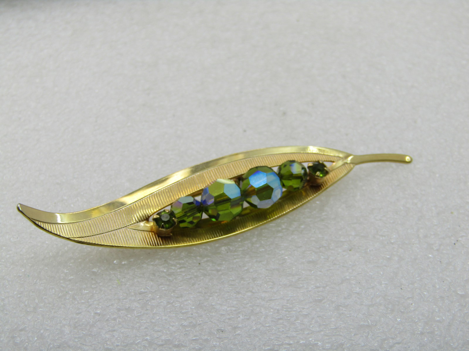 Vintage Aurora Borealis Beaded Leaf Brooch, 3.25" - 4