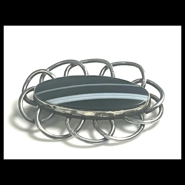 Vintage Erling Sterling Silver Agate Brooch - 2