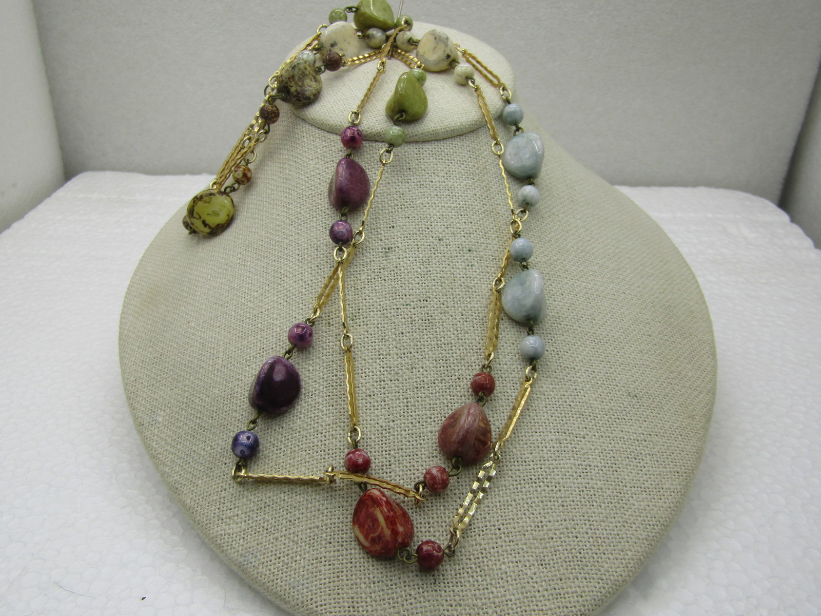 Vintage Gold Tone Dyed Stone Necklace, 44", Notched Bar Link, 1960's - 2