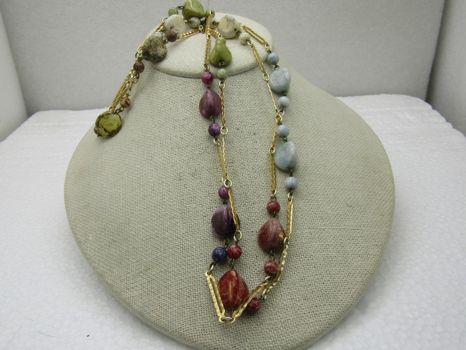 Vintage Gold Tone Dyed Stone Necklace, 44", Notched Bar Link, 1960's - 3