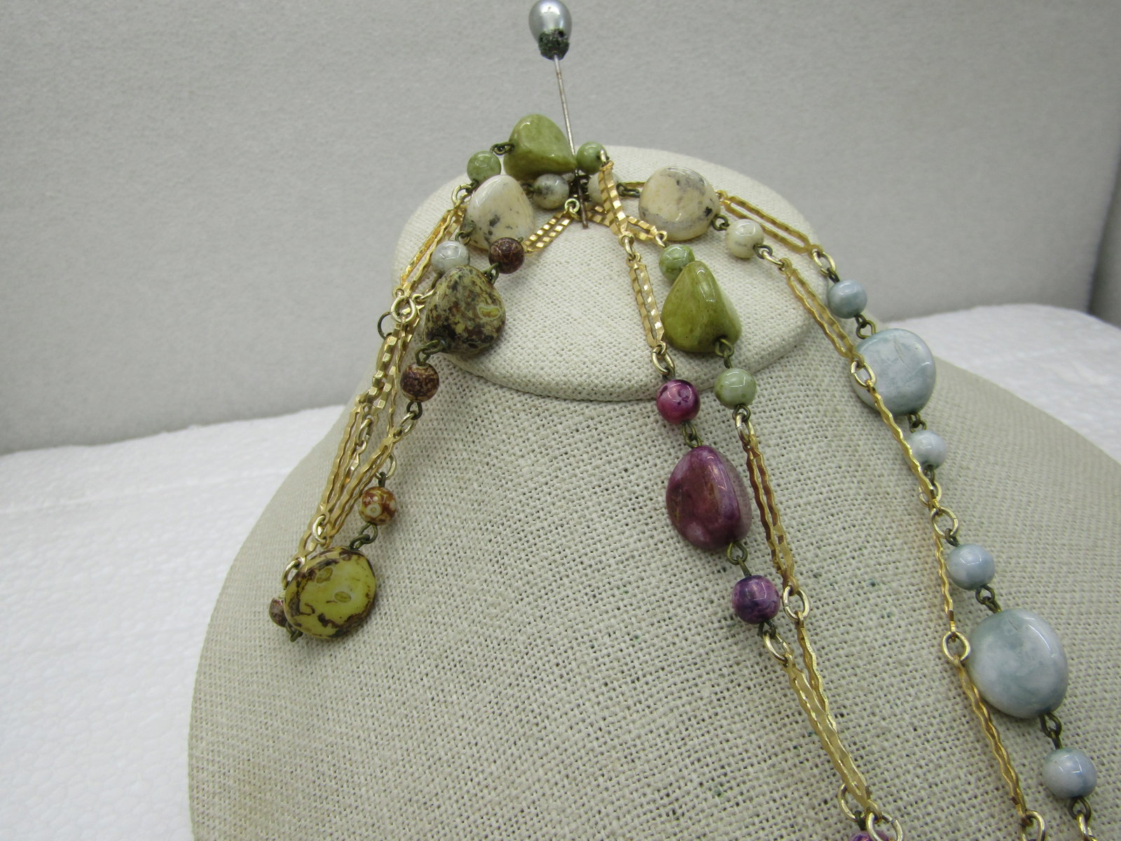 Vintage Gold Tone Dyed Stone Necklace, 44", Notched Bar Link, 1960's - 4