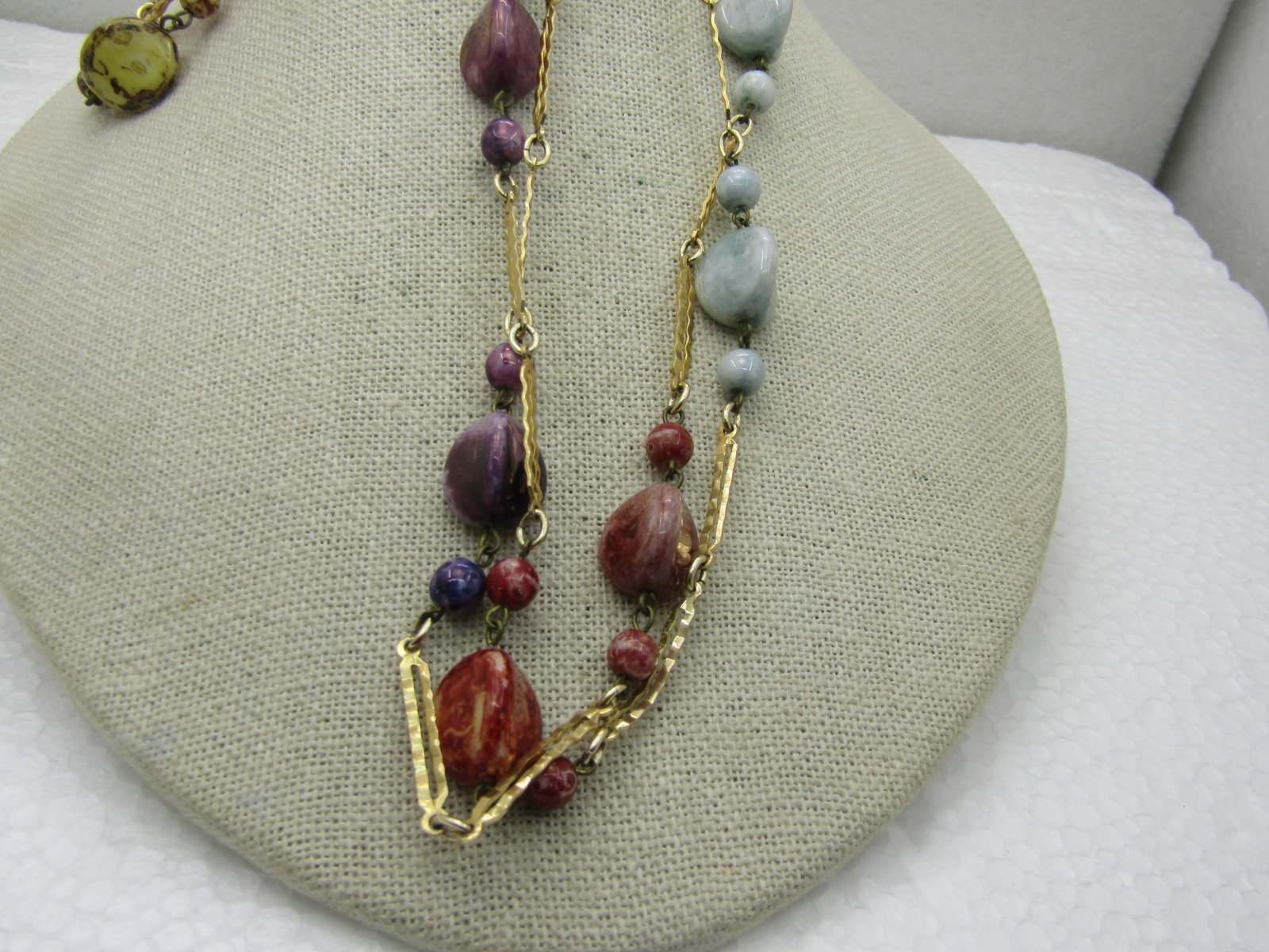 Vintage Gold Tone Dyed Stone Necklace, 44", Notched Bar Link, 1960's - 5