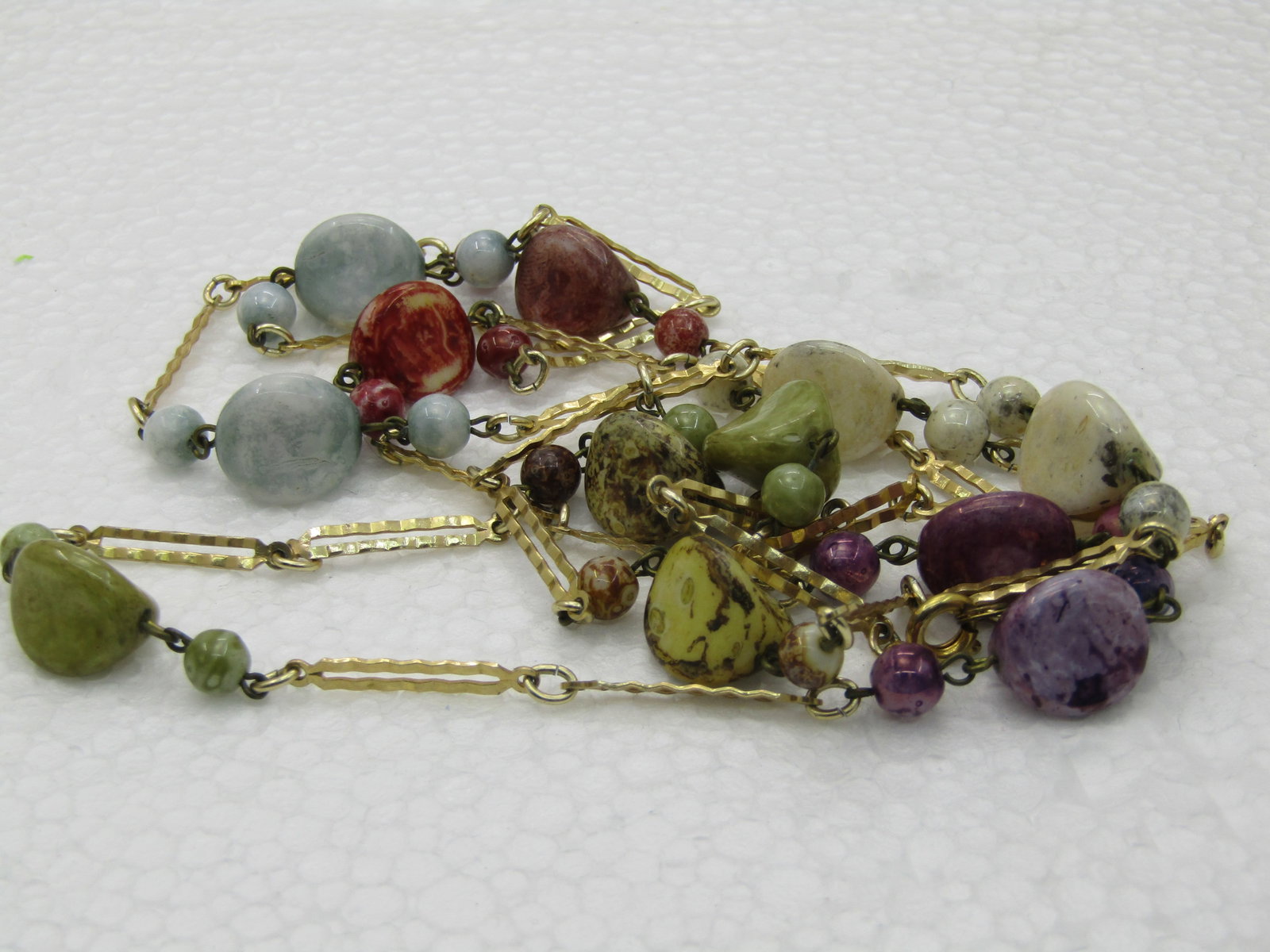 Vintage Gold Tone Dyed Stone Necklace, 44", Notched Bar Link, 1960's - 6