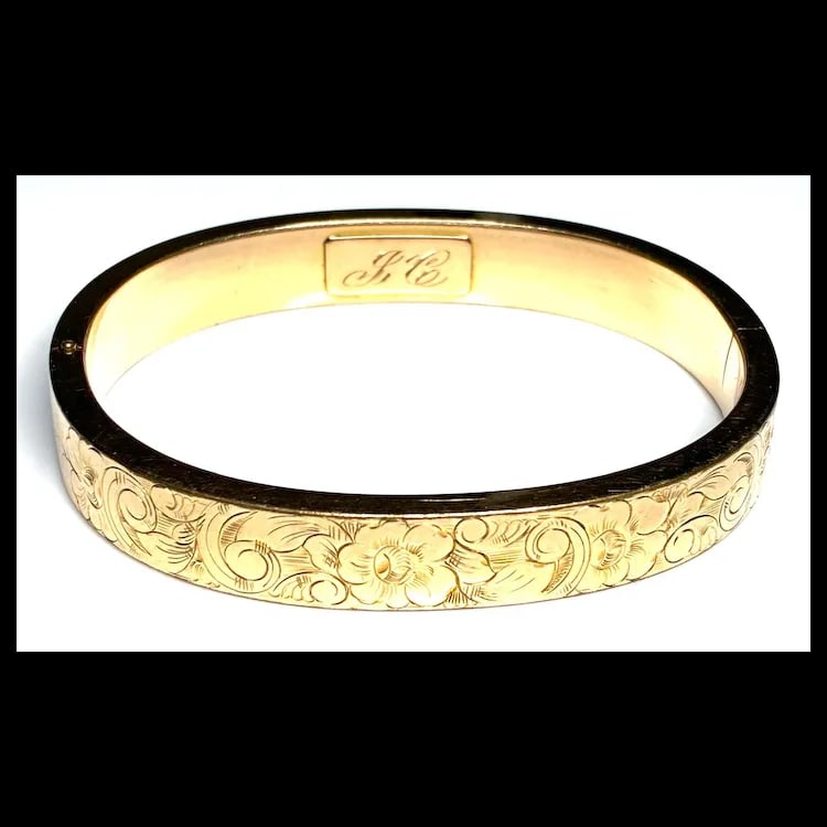 Vintage F&D Gold Filled Etcged Bangle Bracelet with the Initials JC Inside - 2