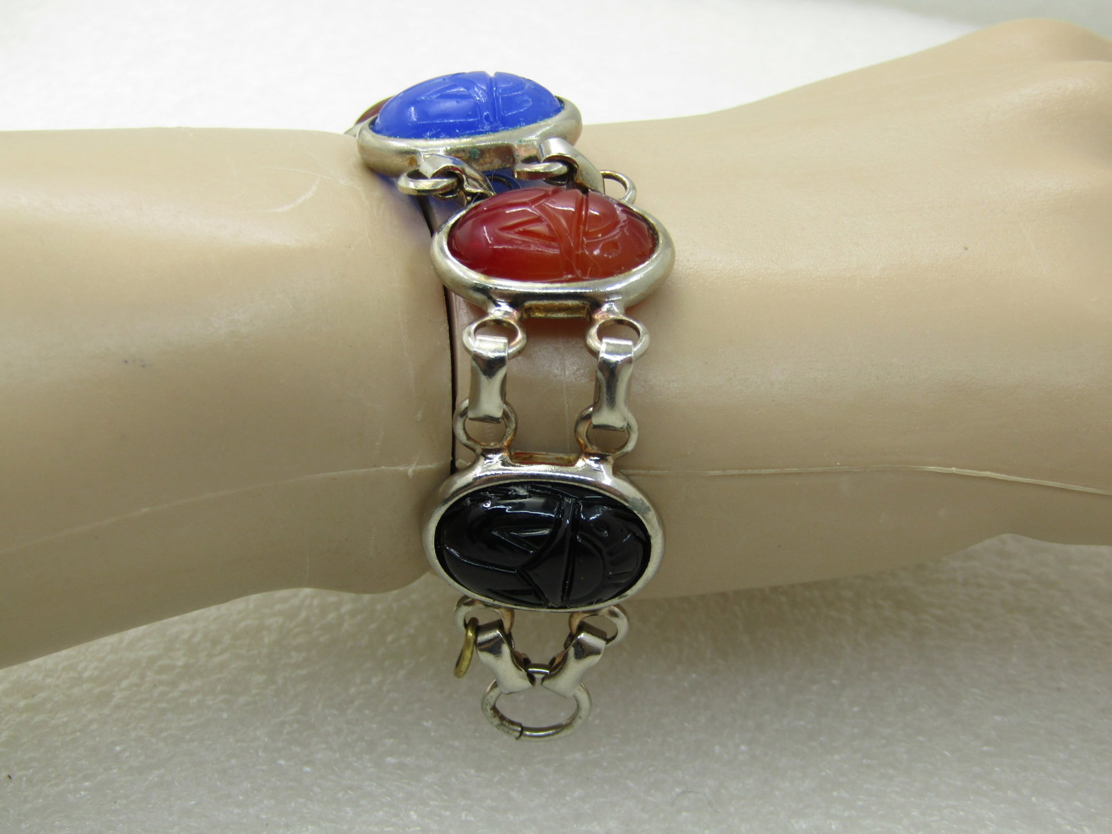 Vintage Egyptian Themed Scarab Bracelet, 7', Glass Scarabs, 1960's-1970's - 7