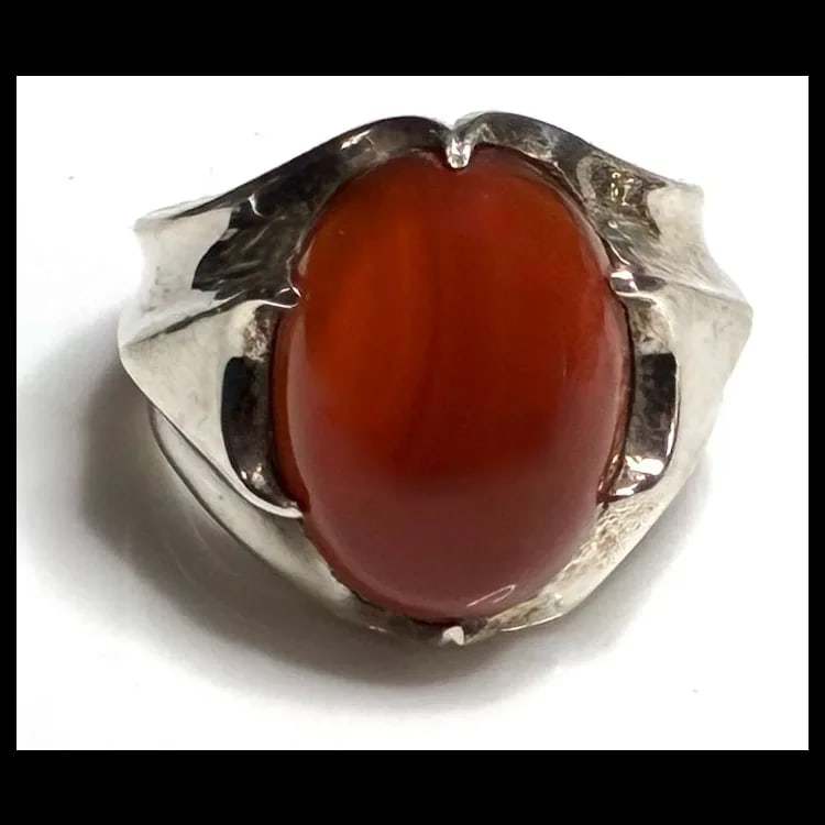 Estate Natural Red Agate Stone Sterling Silver Ring - 2