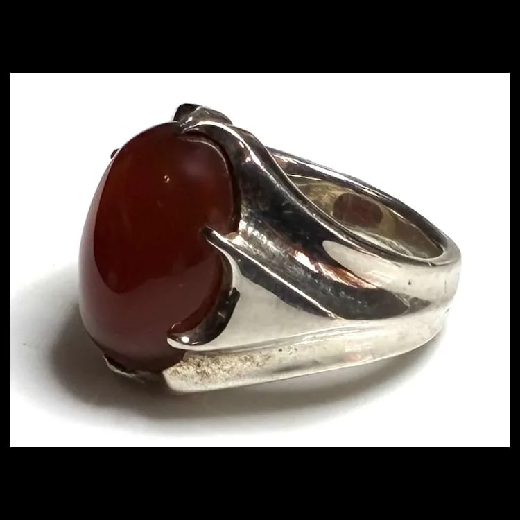 Estate Natural Red Agate Stone Sterling Silver Ring - 3