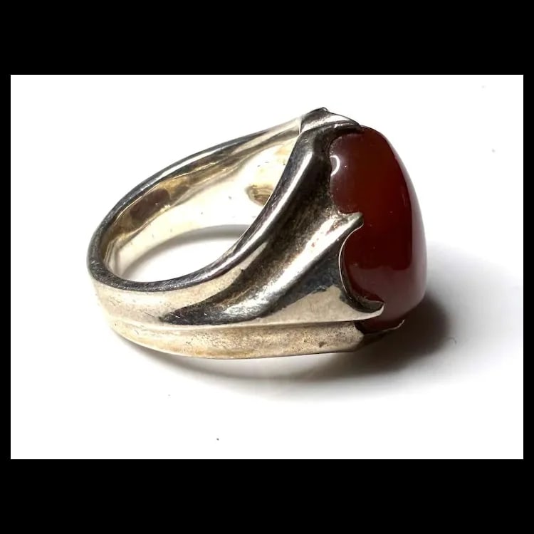 Estate Natural Red Agate Stone Sterling Silver Ring - 4