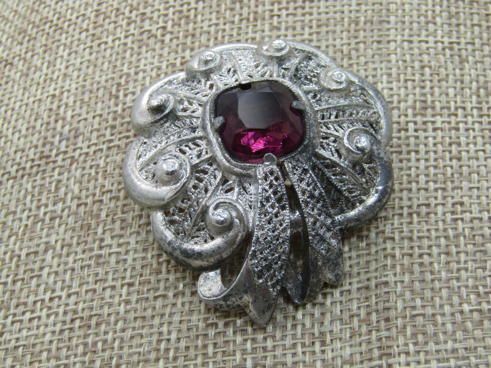 Vintage True Art Deco Rhinestone Brooch, Early 1900's, 1.75", Cast Metal - 4