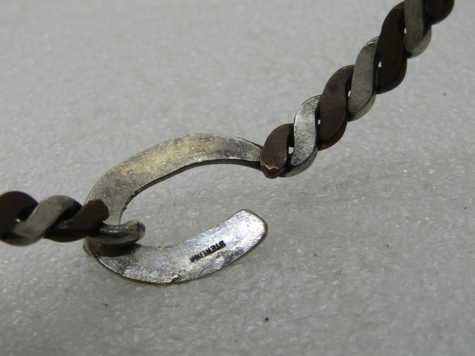 Vintage Sterling & Copper Bangle Bracelet, 7.5", Hook buckle clasp. - 8
