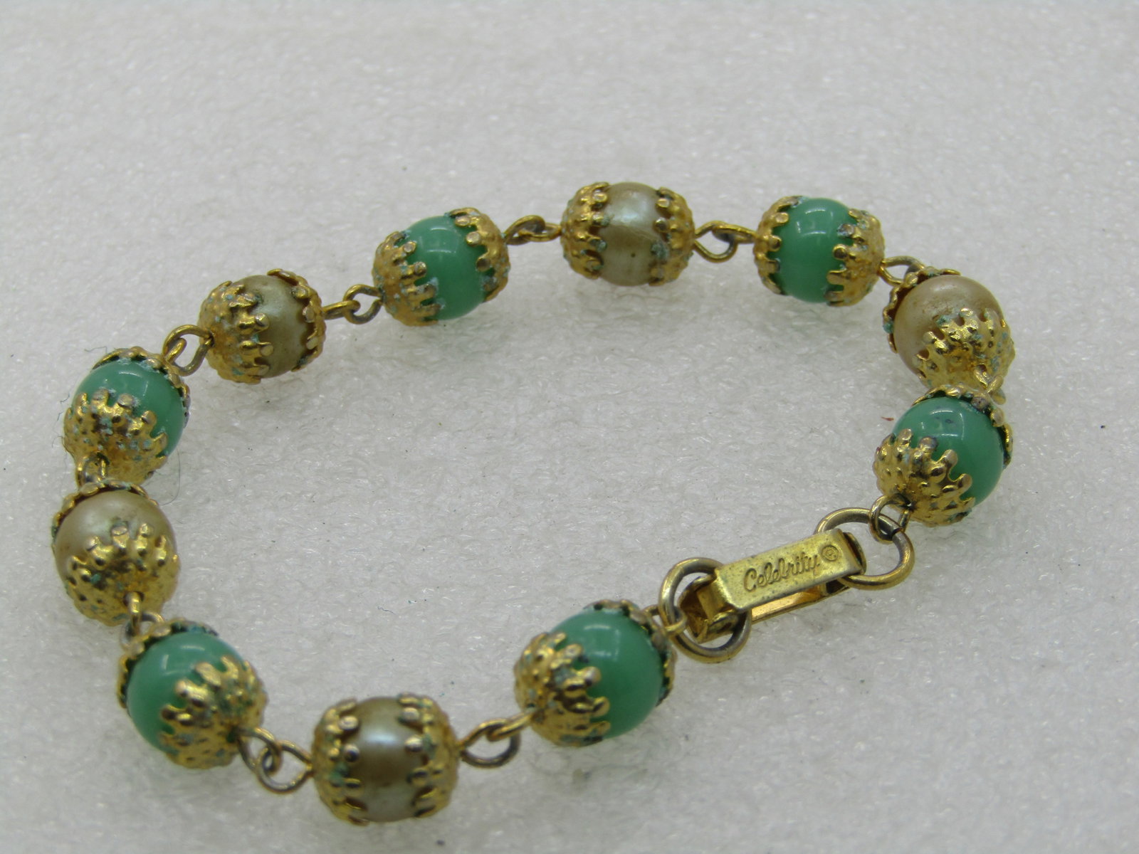 Vintage Celebrith Faux Pearl Green Glass Bracelet, 7.5" - 2