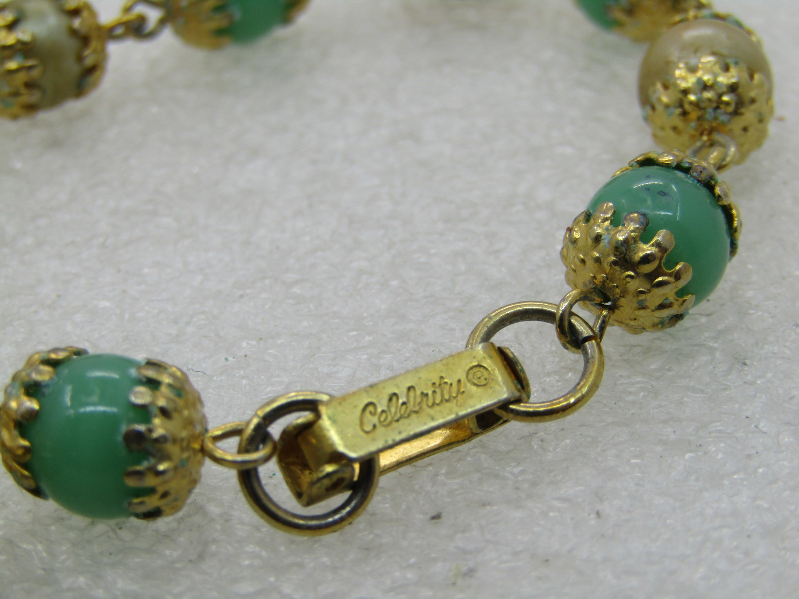 Vintage Celebrith Faux Pearl Green Glass Bracelet, 7.5" - 3