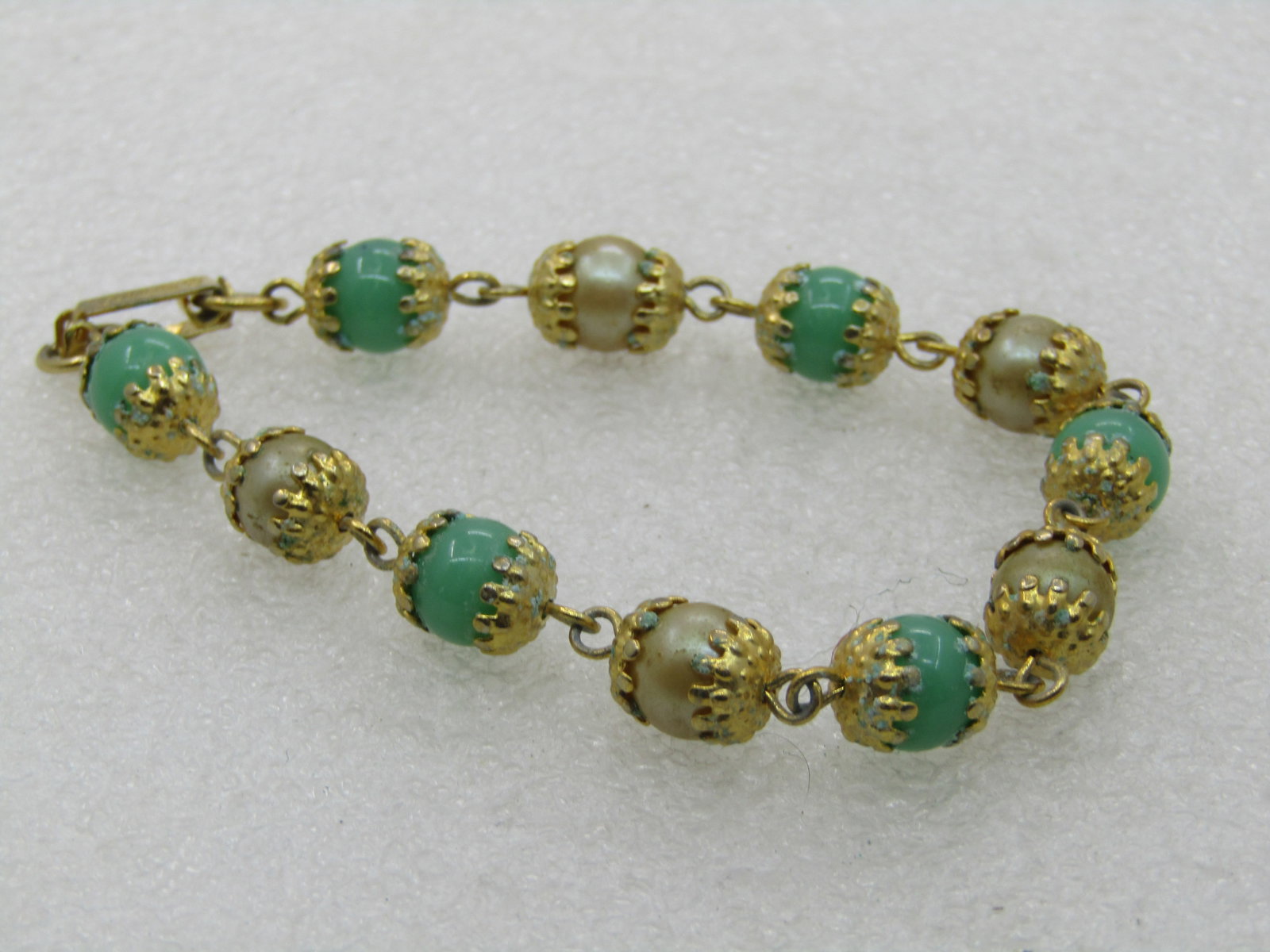 Vintage Celebrith Faux Pearl Green Glass Bracelet, 7.5" - 4