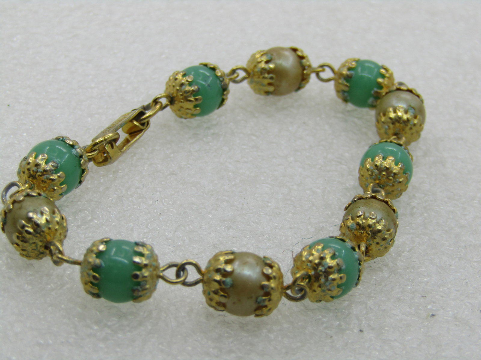 Vintage Celebrith Faux Pearl Green Glass Bracelet, 7.5" - 5