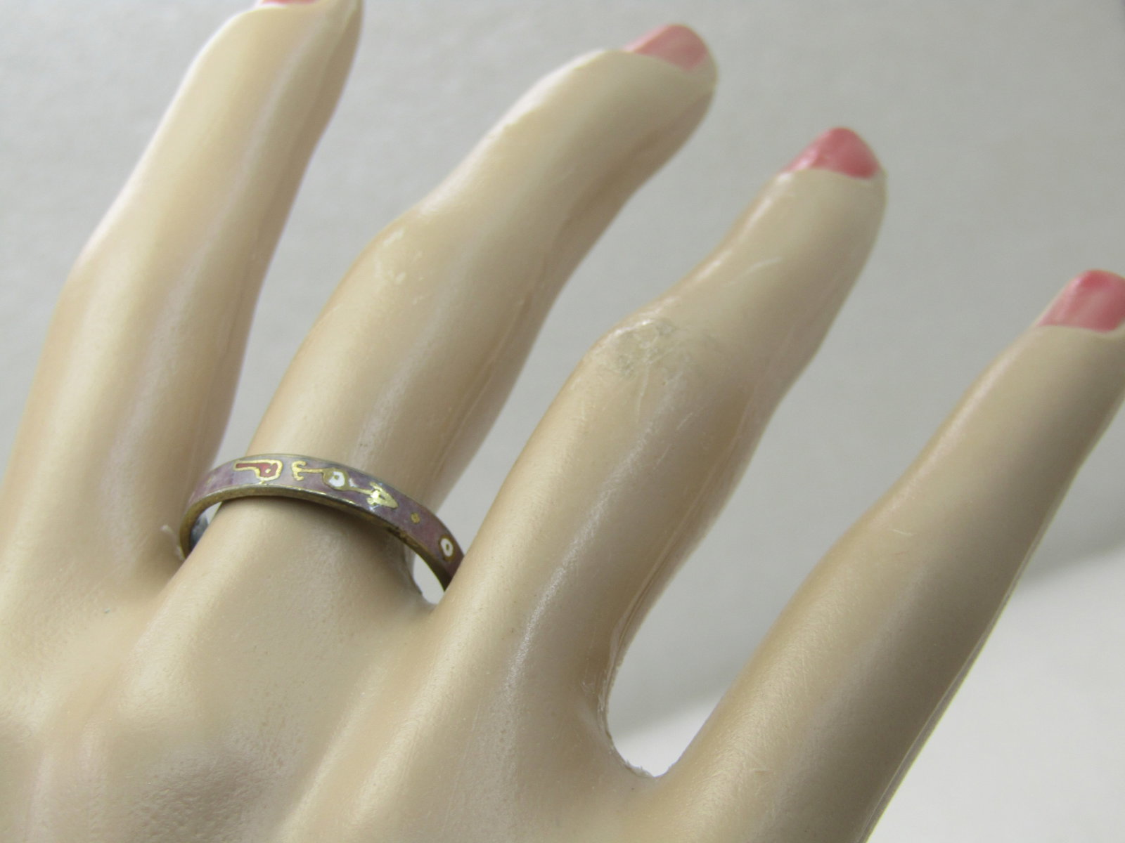 Vintage Cloisonne Band Ring, Sz. 10, Lavender/Teal, 3.4mm, 1970's-1980's - 7
