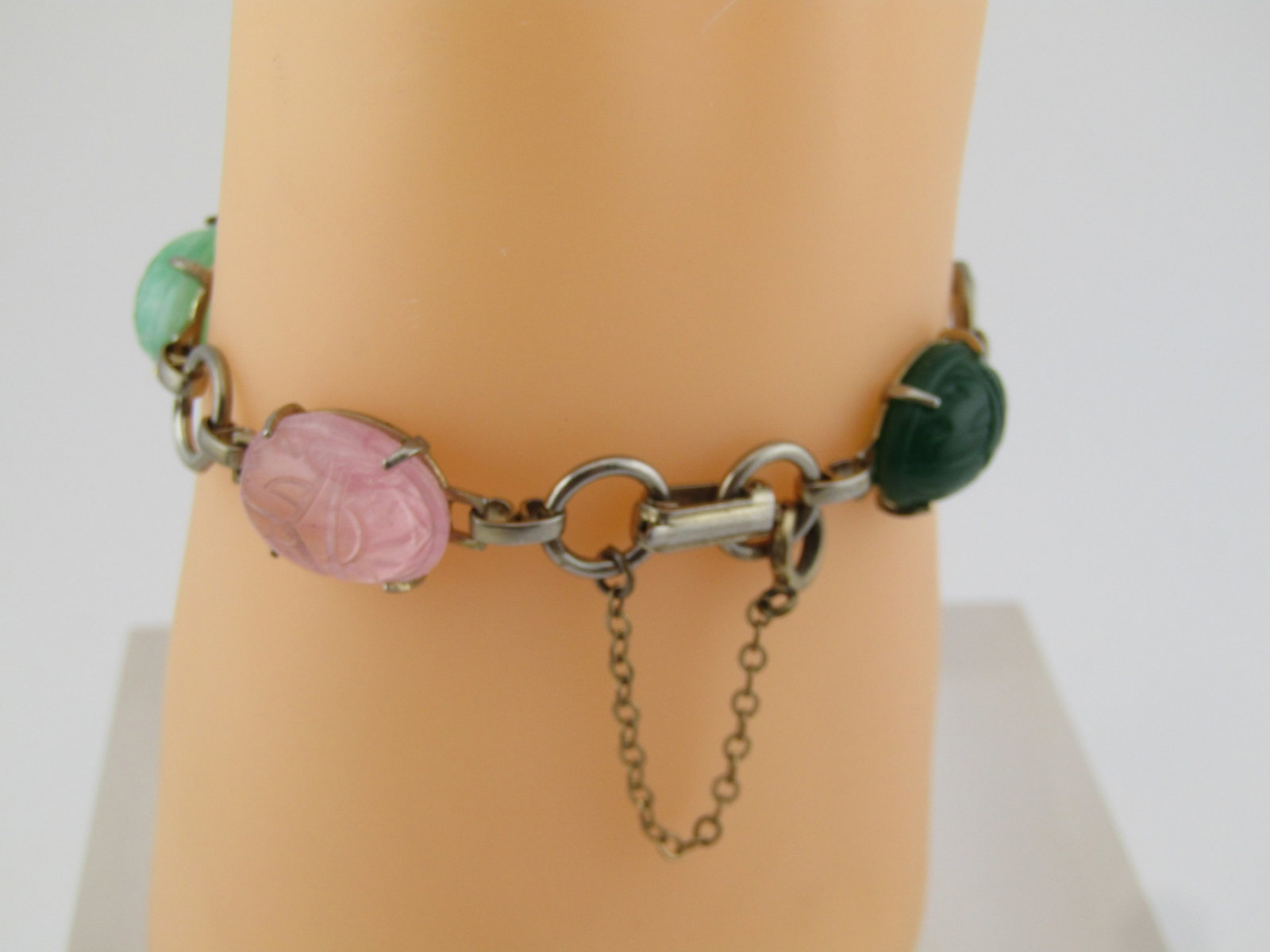 Vintage Glass Scarab Bracelet with Safety Chain, 7.5", 1960's. Egyptian Themed. - 2