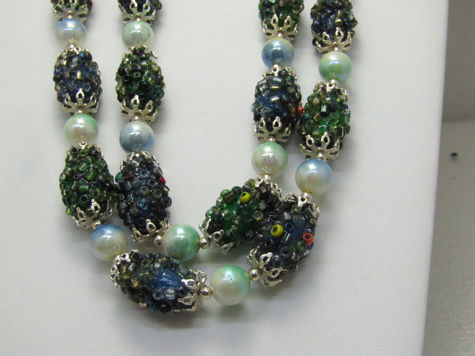 Vintage Seed Bead Encrusted Beaded Necklace, Double Strand, 24", Box Clasp, 1940's-1950's - 2