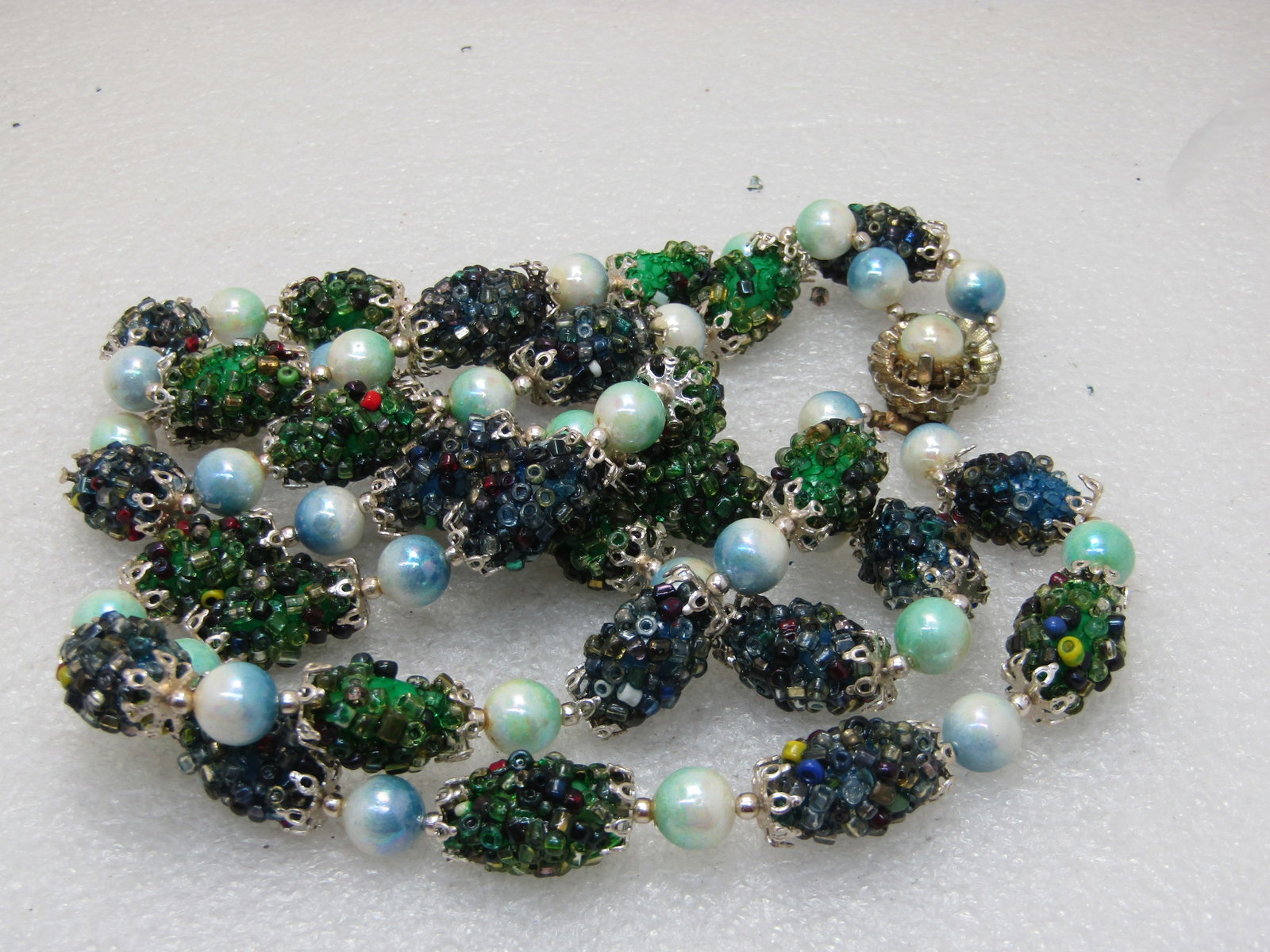 Vintage Seed Bead Encrusted Beaded Necklace, Double Strand, 24", Box Clasp, 1940's-1950's - 5