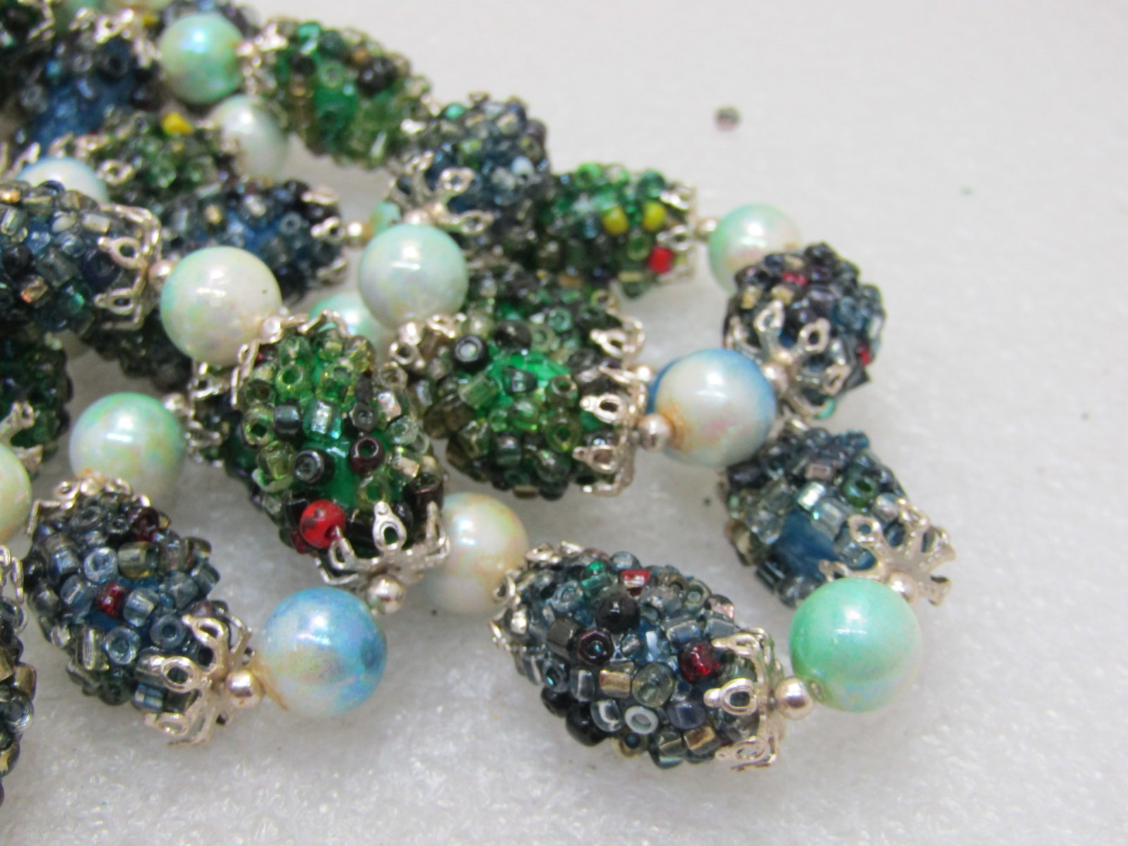 Vintage Seed Bead Encrusted Beaded Necklace, Double Strand, 24", Box Clasp, 1940's-1950's - 6