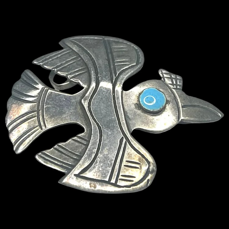 Sterling Silver Signed Old Cuzco Bird Brooch/Pendant with Turquoise Colored Enamel Eye: Title: Sterling Silver Signed Old Cuzco Bird Brooch/Pendant with Turquoise Colored Enamel Eye Description: Sterling Silver Signed Old Cuzco Bird Brooch with Turquoise colored Enamel Eye Date/Period: V