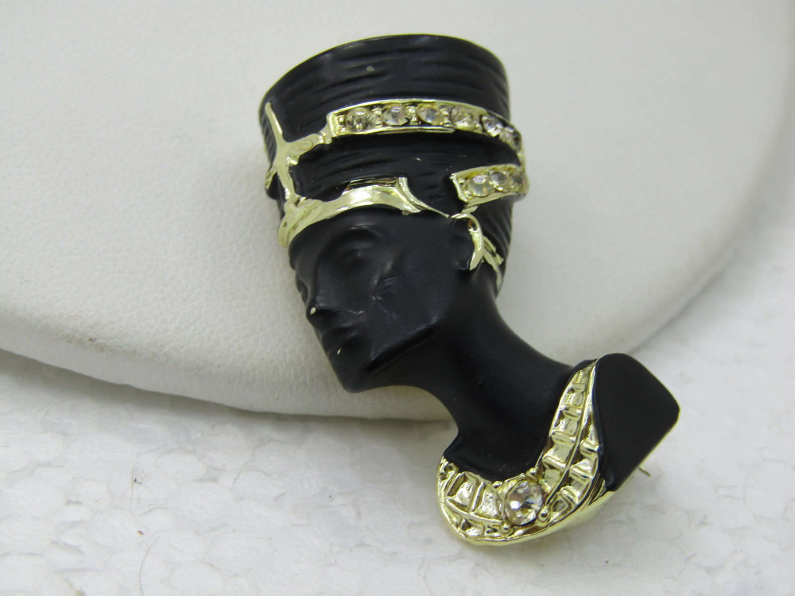 Vintage Egyptian Queen Nefrititi Brooch, Gold Tone and Black Enameling, 1-5/8" - 2